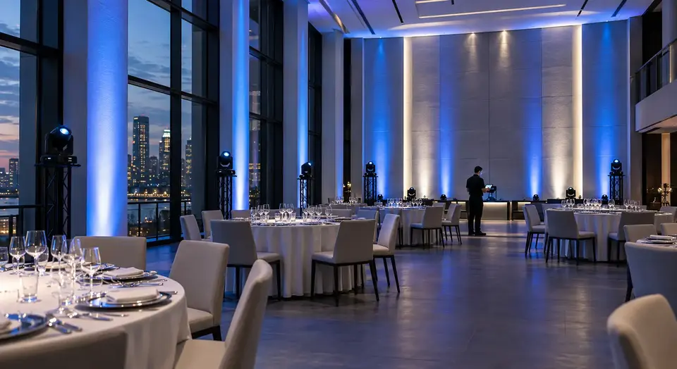 Venue walls washed in blue uplighting for an evening event